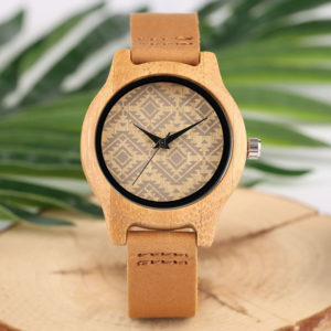 Ρολόι Bamboo & Leather Strap Geometric Unisex Lady Size