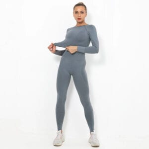 Fitness Set Αθλητικό Κολάν Ψηλόμεσο και Μπουστάκι Μακρυμάνικο Workout Βlue/Grey Pale (A9165)