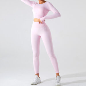 Fitness Set Αθλητικό Κολάν Ψηλόμεσο και Μπουστάκι Μακρυμάνικο Ροζ (MS0167)