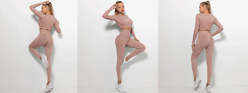 Fitness Set Αθλητικό Κολάν Ψηλόμεσο και Μπουστάκι Μακρυμάνικο Ροζ (A6205)