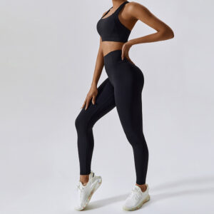 Fitness Set Αθλητικό Κολάν και Μπουστάκι με Χιαστί Τιράντες Μαύρο (A8047)
